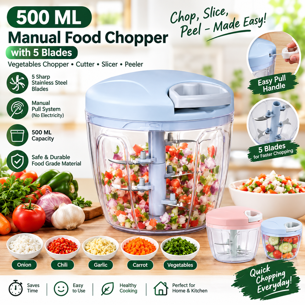 500 ML Manual Food Chopper with 5 Blades Vegetables Chopper cutter Slicer Peeler